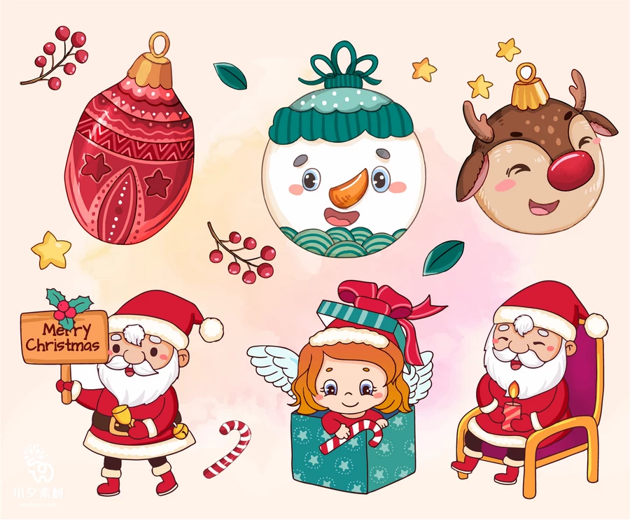 圣诞节平安夜圣诞老人麋鹿圣诞树雪人姜饼元素插画图案AI矢量素材【016】